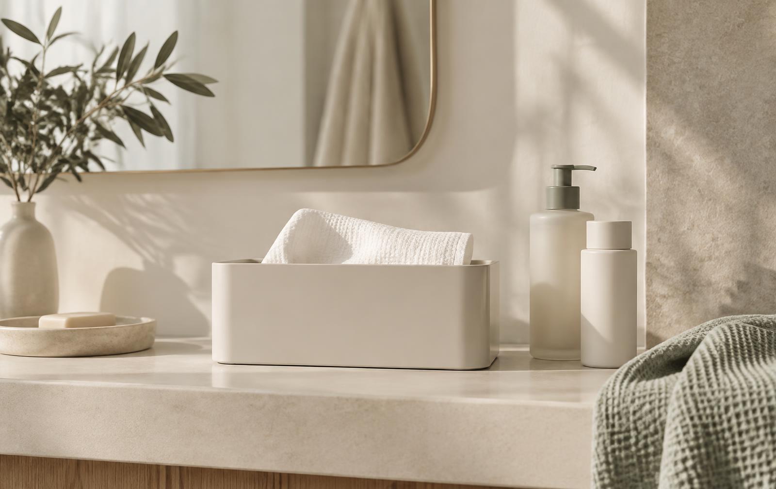 RITU Face Towels box on a bathroom shelf beside skincare bottles in soft morning light
